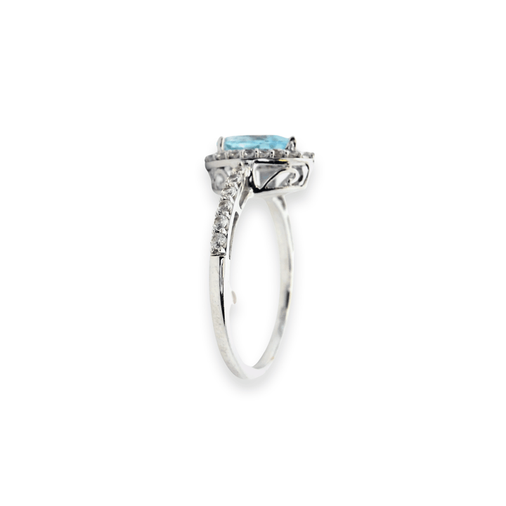 Estate Sterling Silver 1.05CTW Pear-Shaped Blue Topaz & Cubic ZIrconia Halo Ring