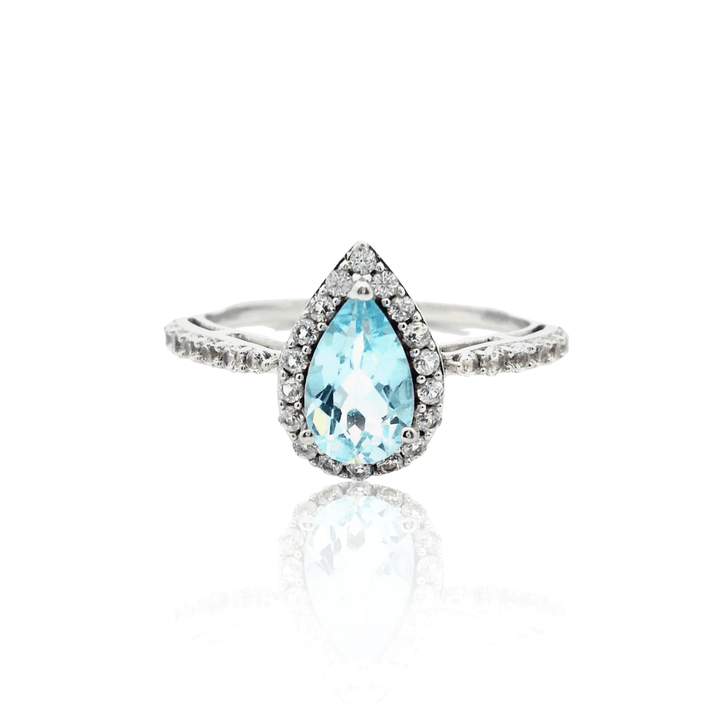 Estate Sterling Silver 1.05CTW Pear-Shaped Blue Topaz & Cubic ZIrconia Halo Ring