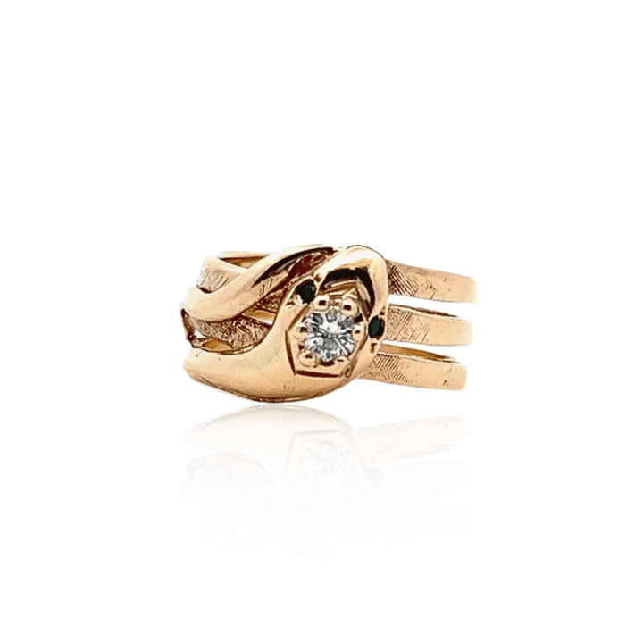 Estate 14K Yellow Gold 0.33CTW Diamond & Emerald Snake Motif Vintage Ring