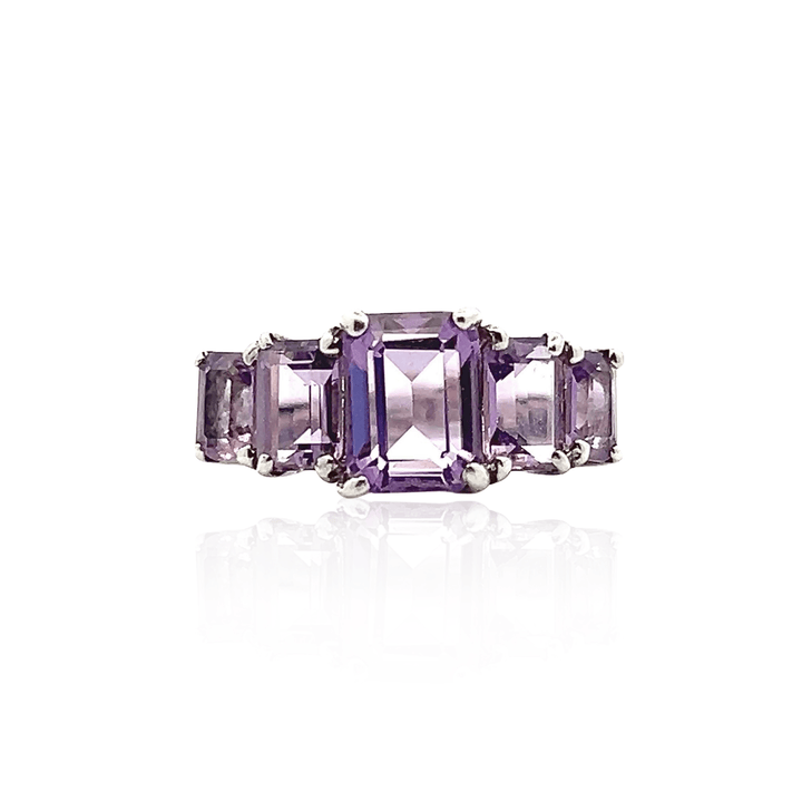 Estate Sterling Silver 3.26CTW Rectangular Step Cut Amethyst Five-Stone Ring
