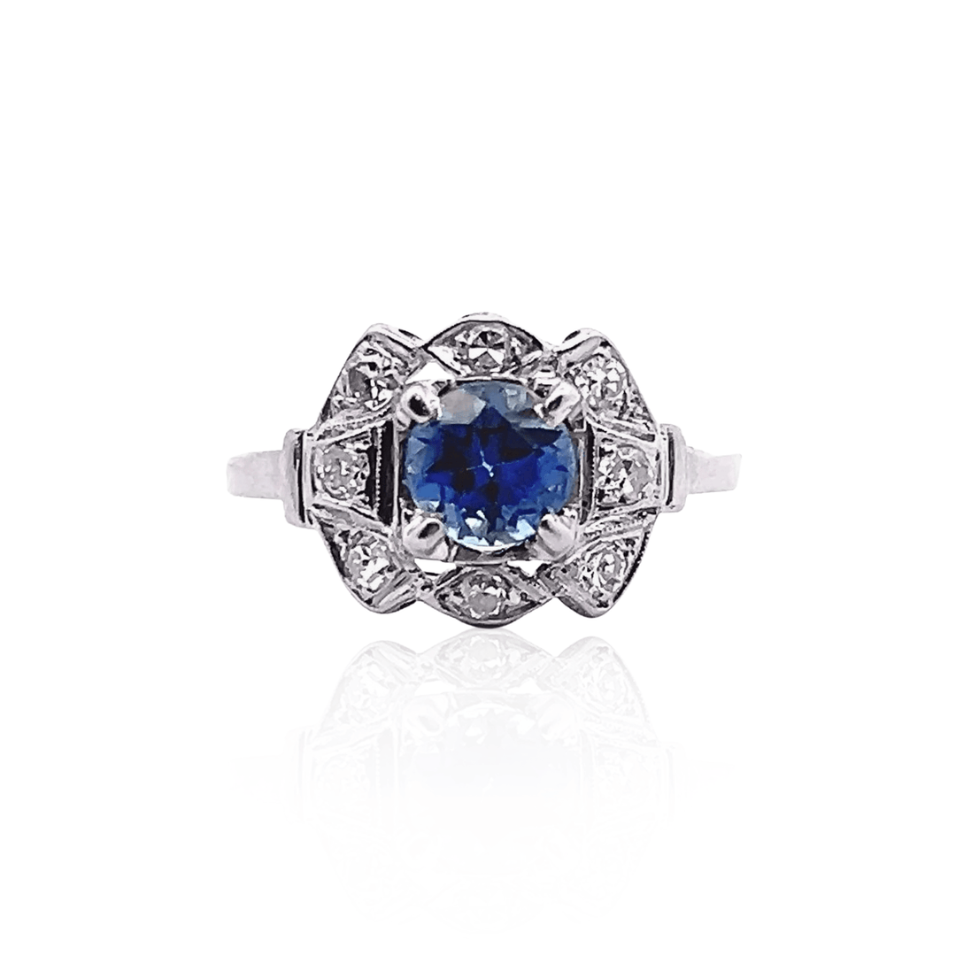 Estate Platinum 1.24CTW Blue Sapphire & Old Single Cut Diamond Art Deco Ring