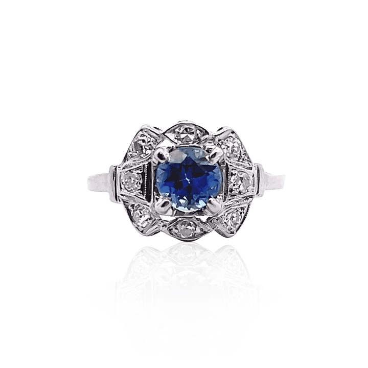 Estate Platinum 1.24CTW Blue Sapphire & Old Single Cut Diamond Art Deco Ring