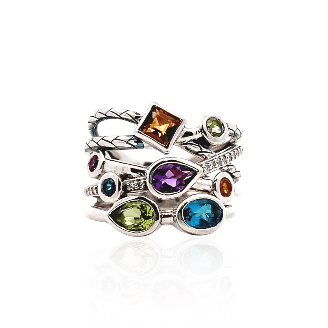 Estate Sterling Silver 2.98CTW Multi-Gemstone Crossover Ring
