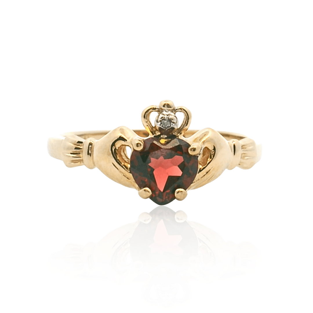 Estate 14K Yellow Gold 0.86CTW Heart-Shaped Garnet & Diamond Claddagh Ring
