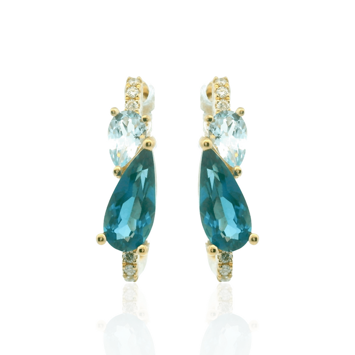 14K Yellow Gold Deep Sea Blue Topaz, Ocean Blue Topaz, and Diamond Hoop Earrings by Le Vian