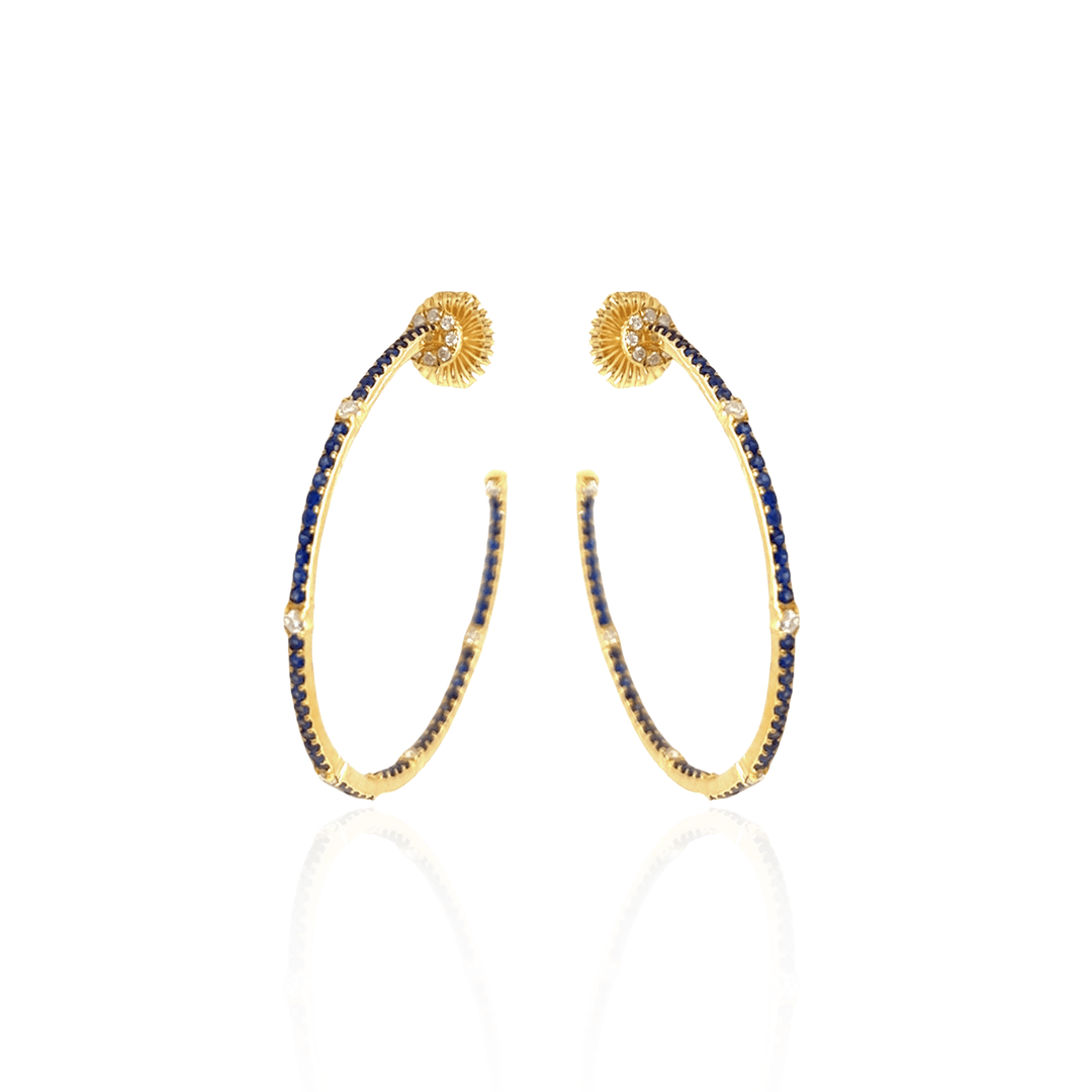 18K Yellow Gold 2.13ctw Blue Sapphire & Diamond Inside Out Hoop Earrings