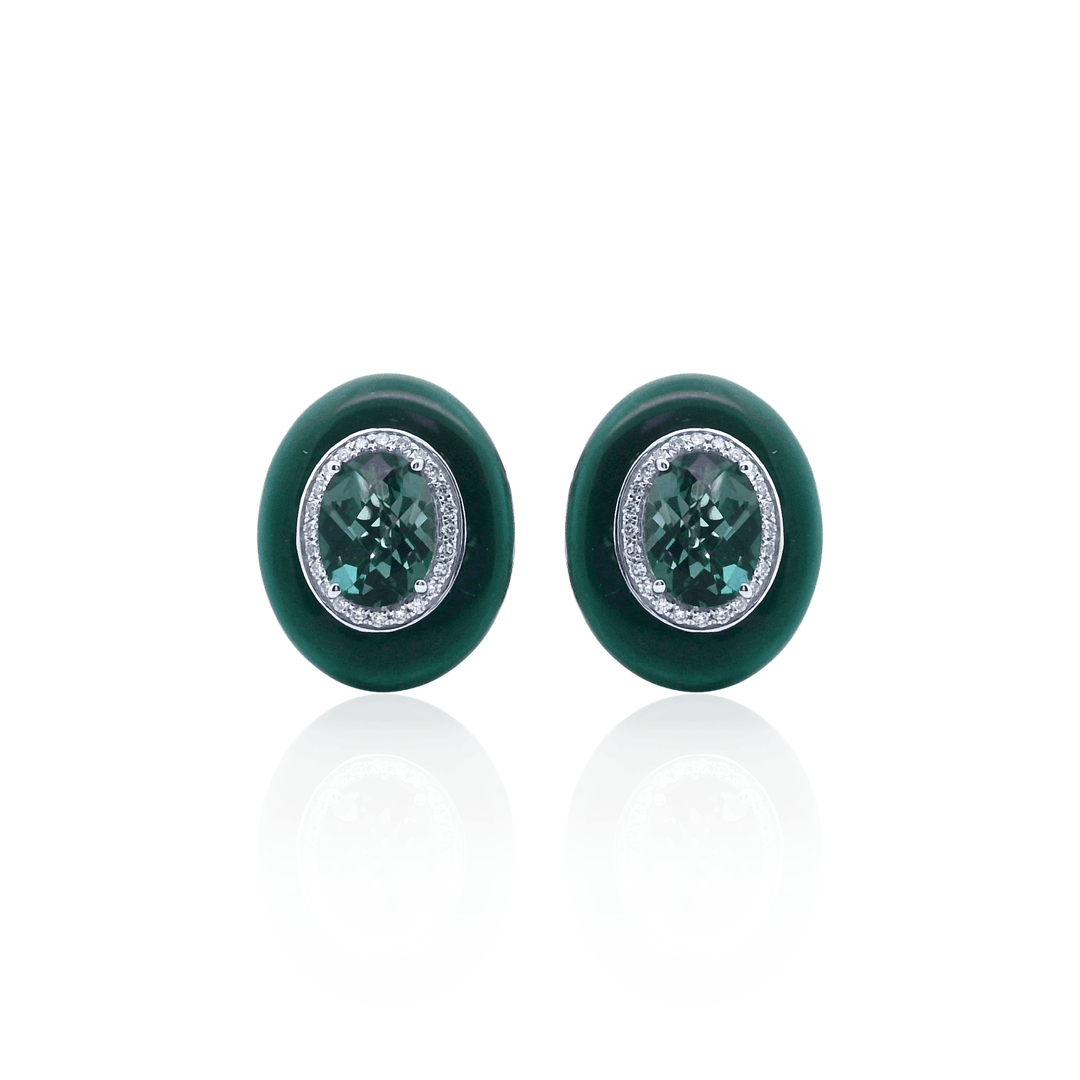 14K White Gold 3.09CTW London Blue Topaz, Diamond & Enamel Stud Earrings by Bellarri