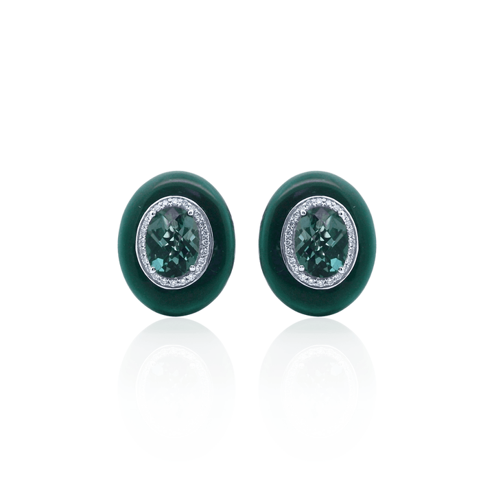 14K White Gold 3.09CTW London Blue Topaz, Diamond & Enamel Stud Earrings by Bellarri