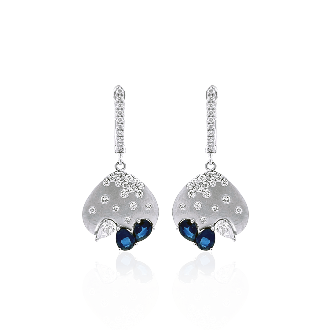 14K White Gold 1.23CTW Blue Sapphire & Diamond Cluster Drop Earrings