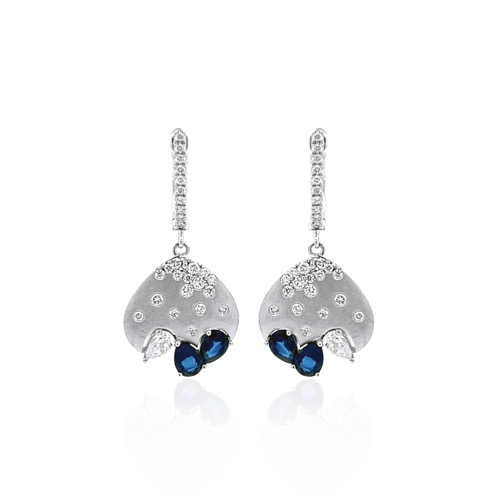 14K White Gold 1.23CTW Blue Sapphire & Diamond Cluster Drop Earrings