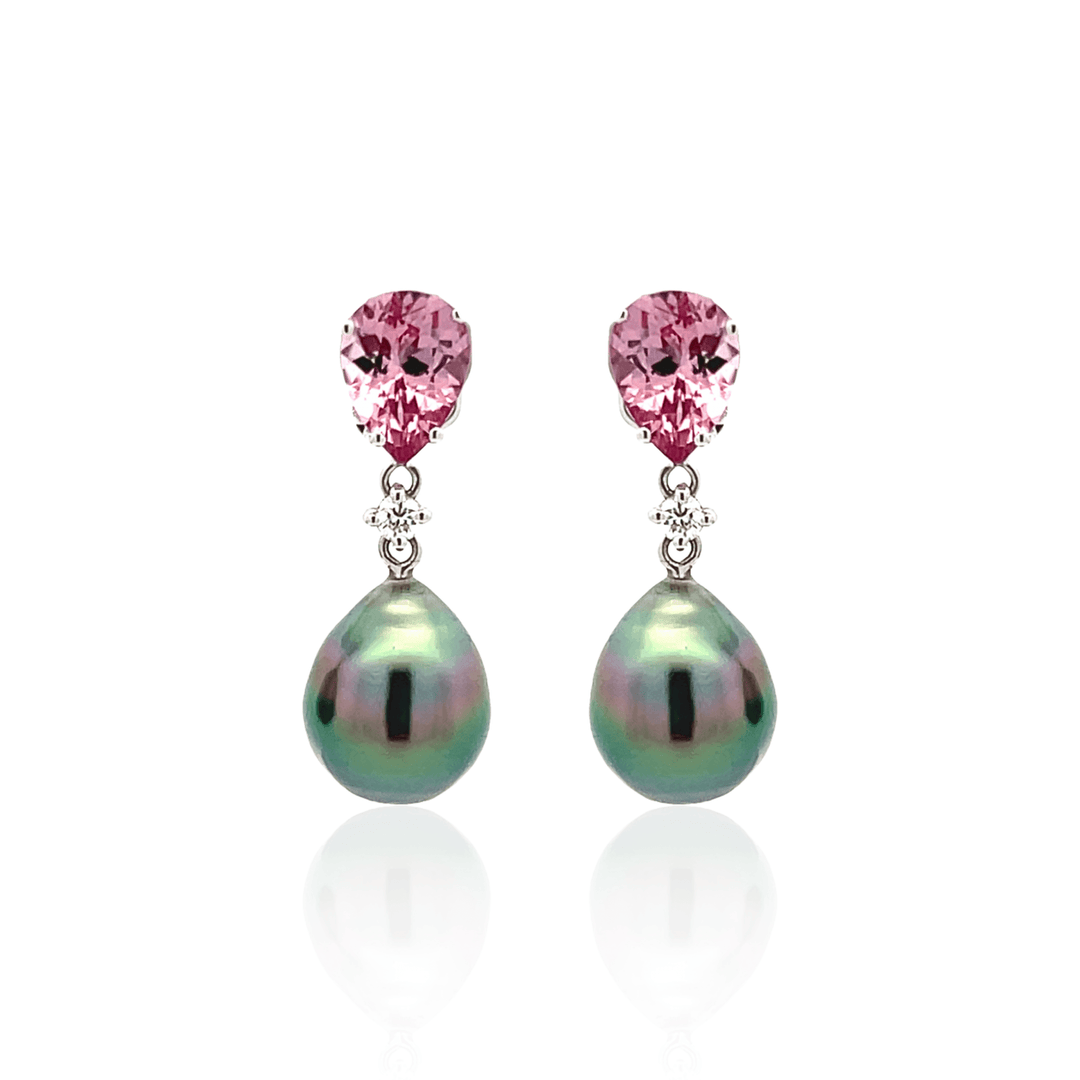 14K White Gold Tahitian Pearl, Garnet & Diamond Drop Earrings
