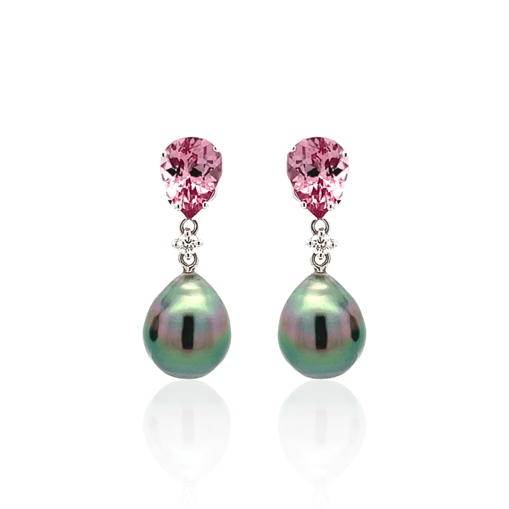 14K White Gold Tahitian Pearl, Garnet & Diamond Drop Earrings