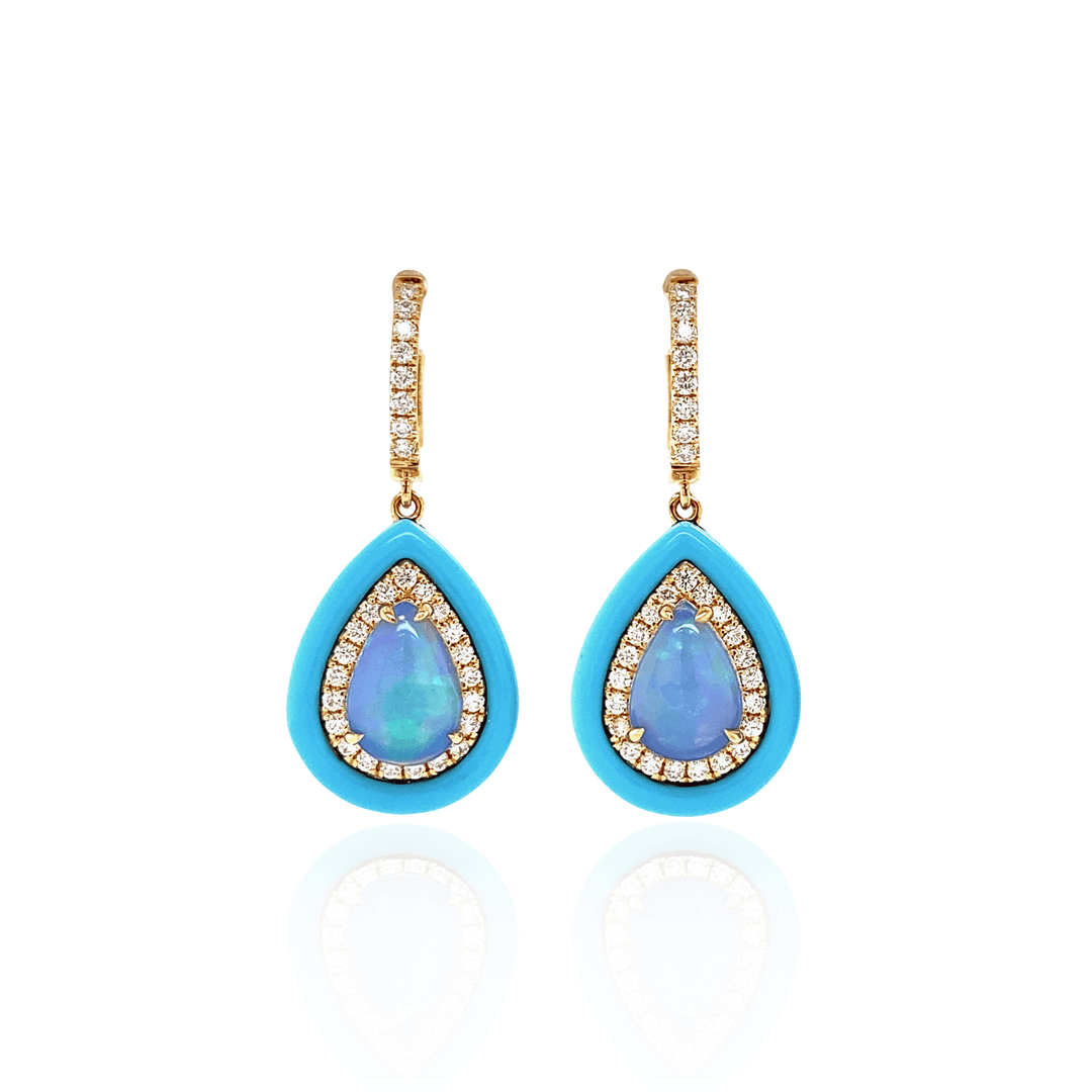 14K Yellow Gold 2.71CTW Opal, Diamond & Turquoise-Colored Frame Halo Drop Earrings