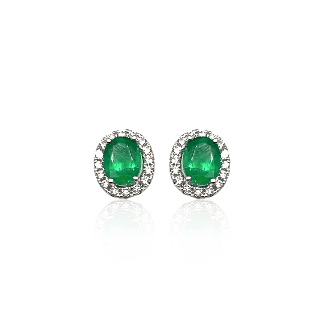 18K White Gold 2.92CTW Oval Emerald & Diamond Halo Stud Earrings