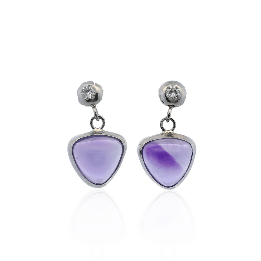 14K White Gold Sugarloaf Amethyst & Diamond Drop Earrings