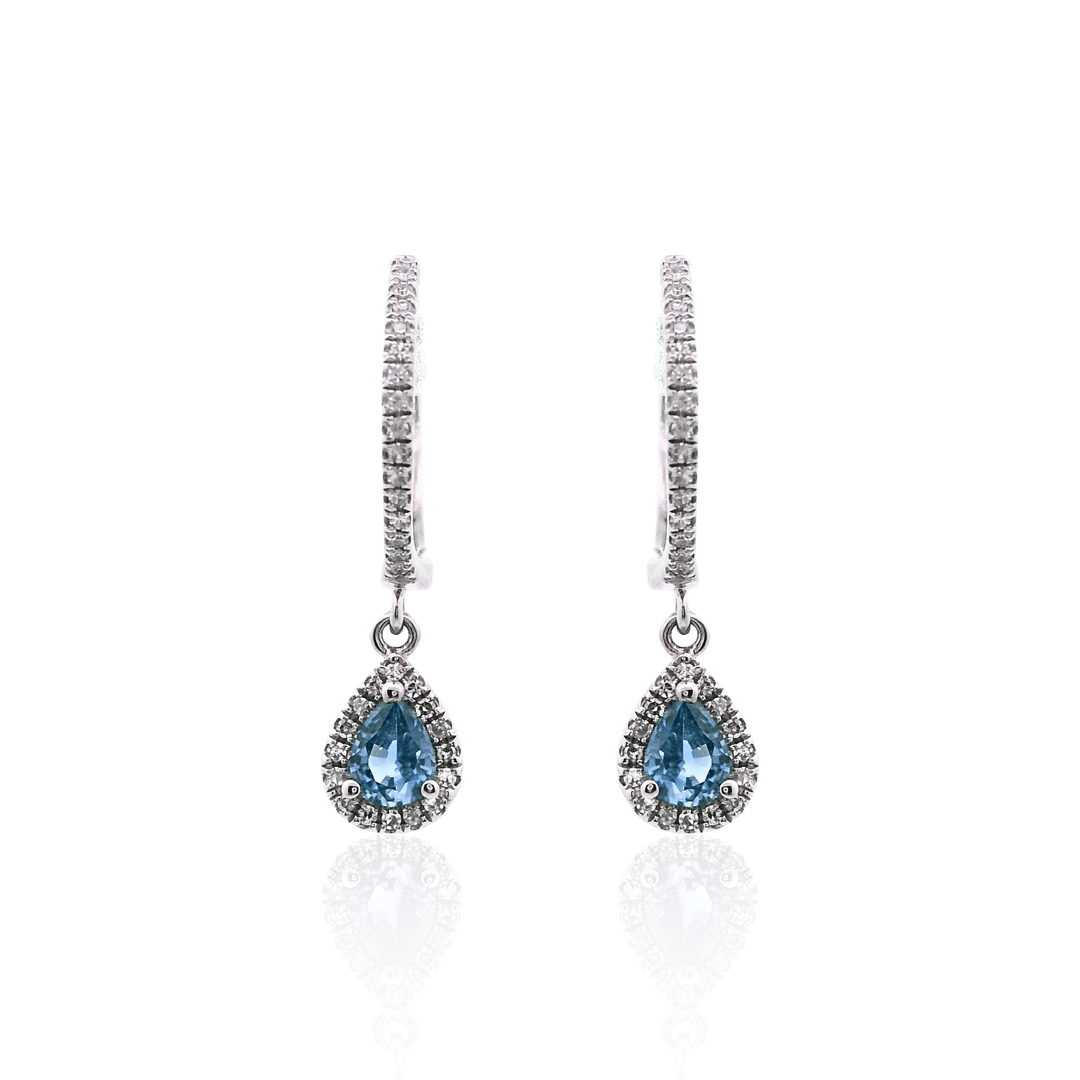 14K White Gold 0.45CTW Pear Sapphire and Diamond Halo Drop Earrings
