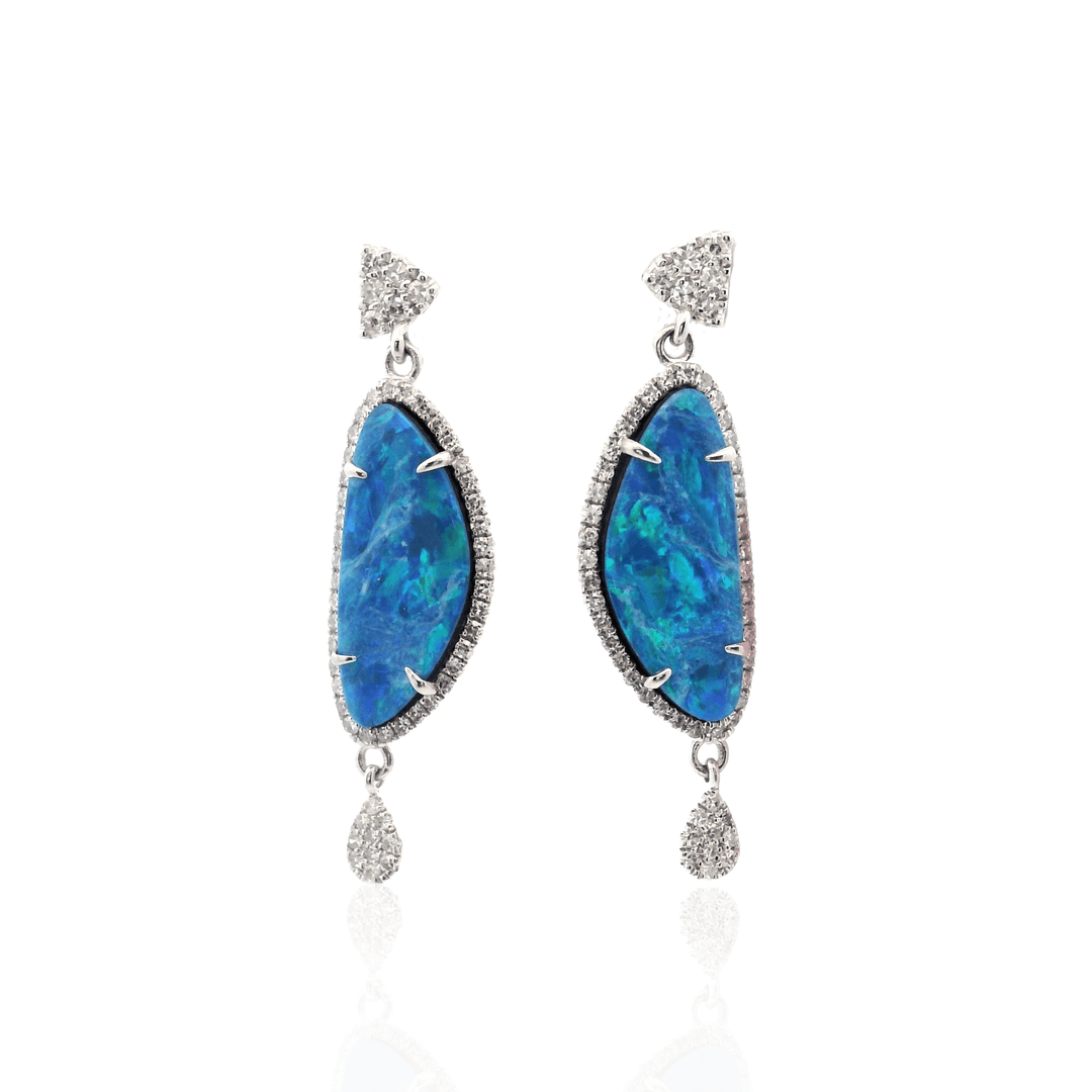 14K White Gold 4.10CTW Freeform Opal and Diamond Halo Drop Earrings