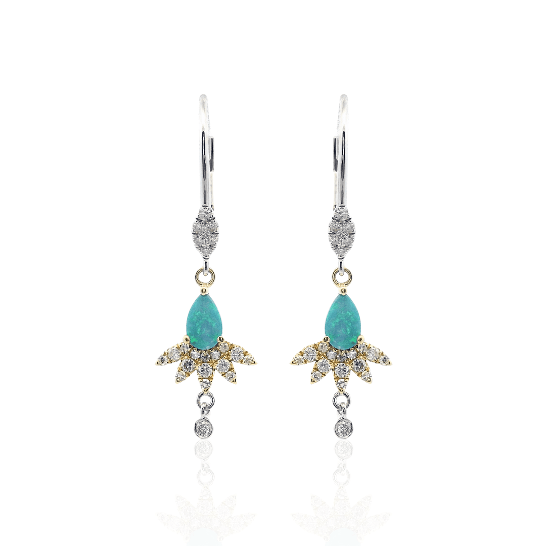 14K Two-Tone Gold 0.46CTW Opal and Diamond Starburst Drop Earrings
