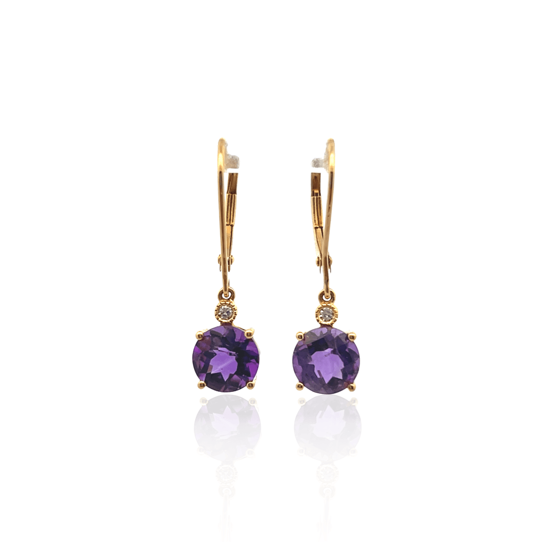 14K Yellow Gold Round Amethyst & Diamond Drop Earrings