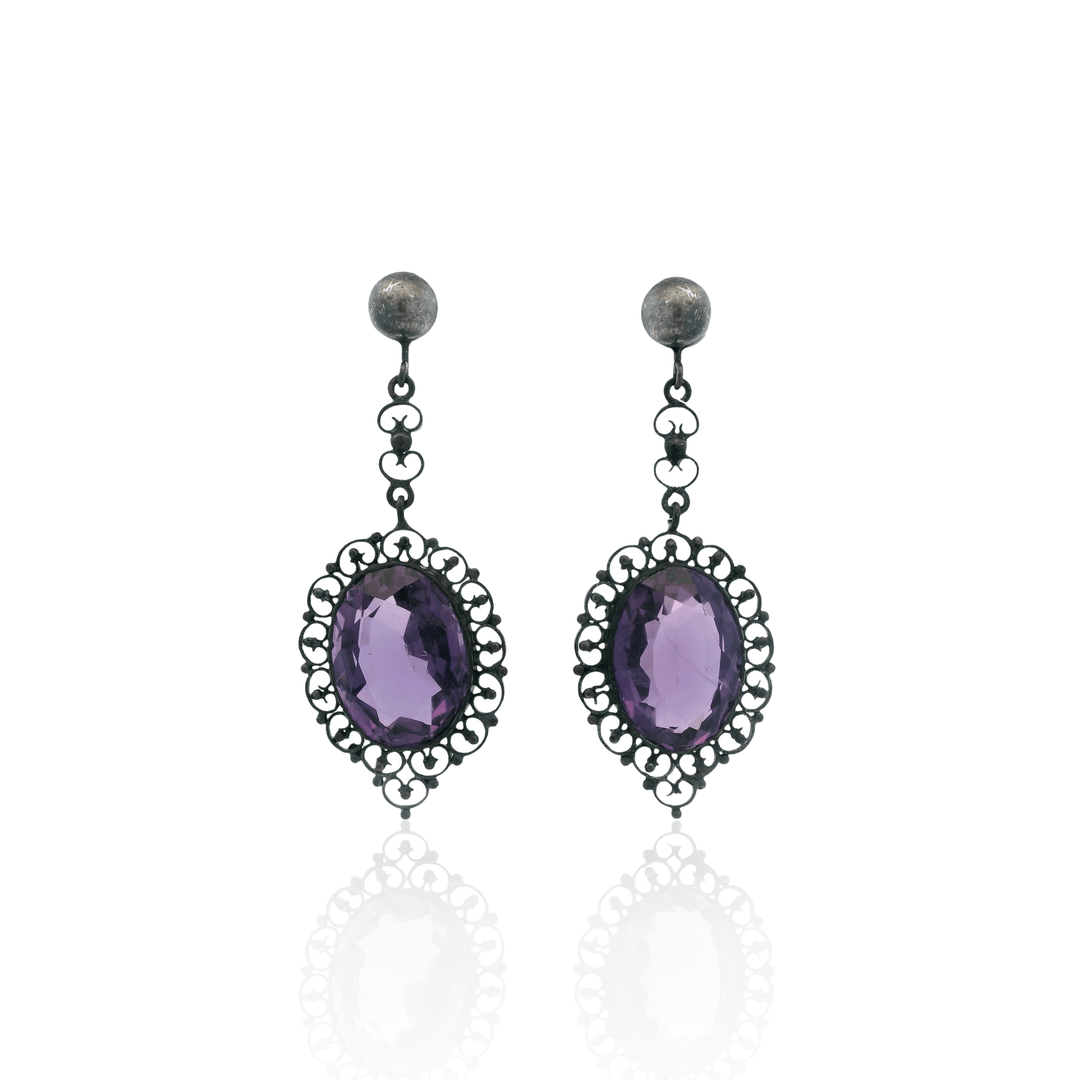 Estate Sterling Silver Amethyst Filigree Antique Drop Earrings