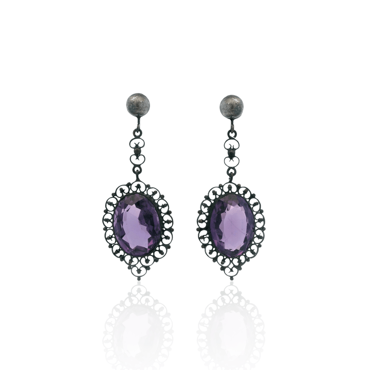 Estate Sterling Silver Amethyst Filigree Antique Drop Earrings