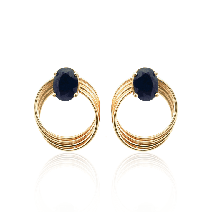 Estate 14K Yellow Gold 3.00CTW Oval Sapphire Multi-Tube Hoop Stud Earrings