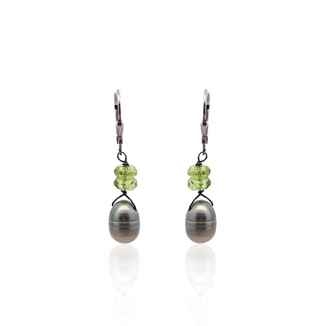 Estate Sterling Silver Dyed Green Pearl and Peridot Bead Dangle Earrings