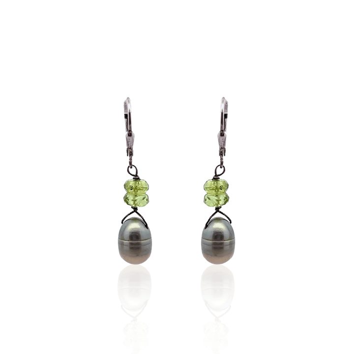 Estate Sterling Silver Dyed Green Pearl and Peridot Bead Dangle Earrings