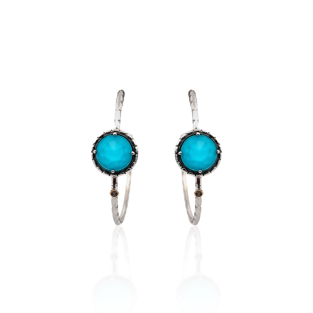 Estate Sterling Silver Quartz & Turquoise Inlay Hoop Earrings by Tacori