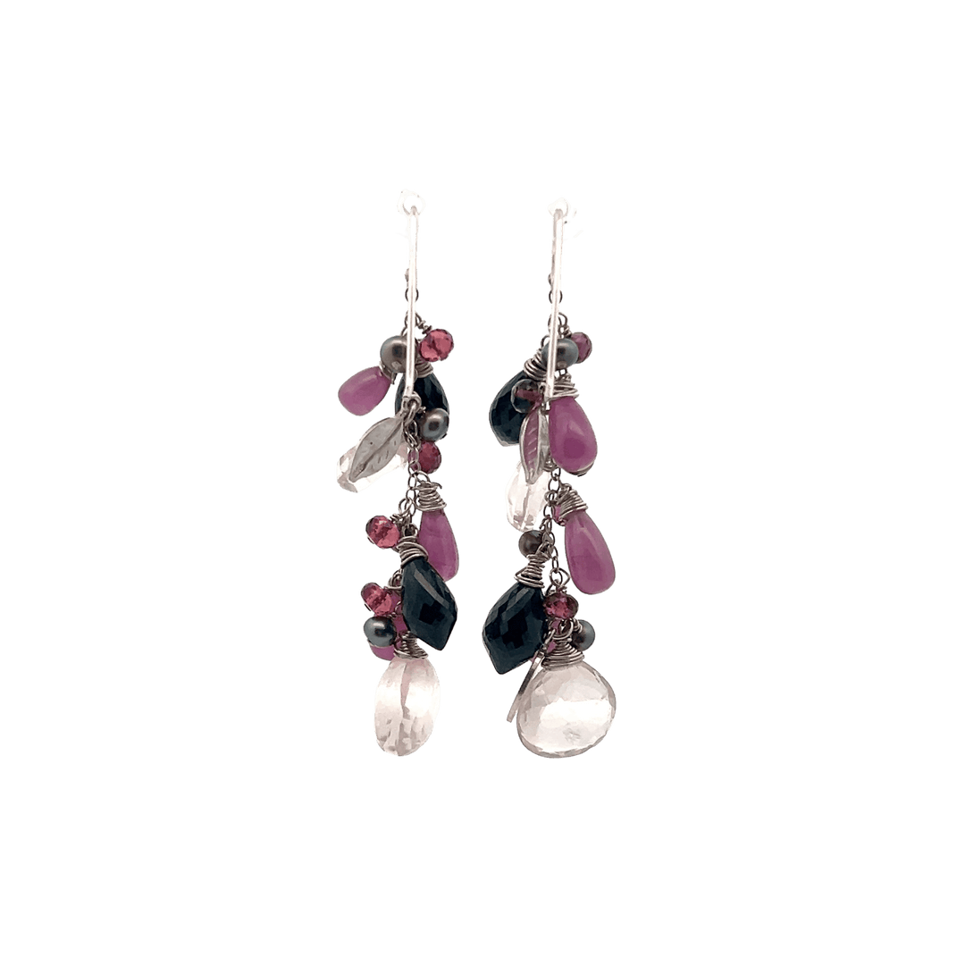 Estate Sterling Silver Multi-Gemstone Cluster Drop Earrings