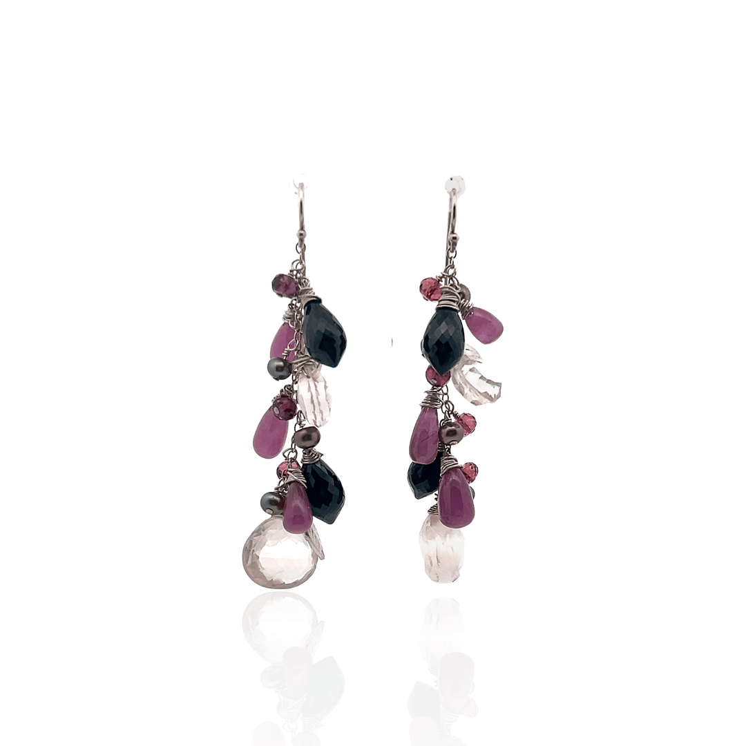 Estate Sterling Silver Multi-Gemstone Cluster Drop Earrings