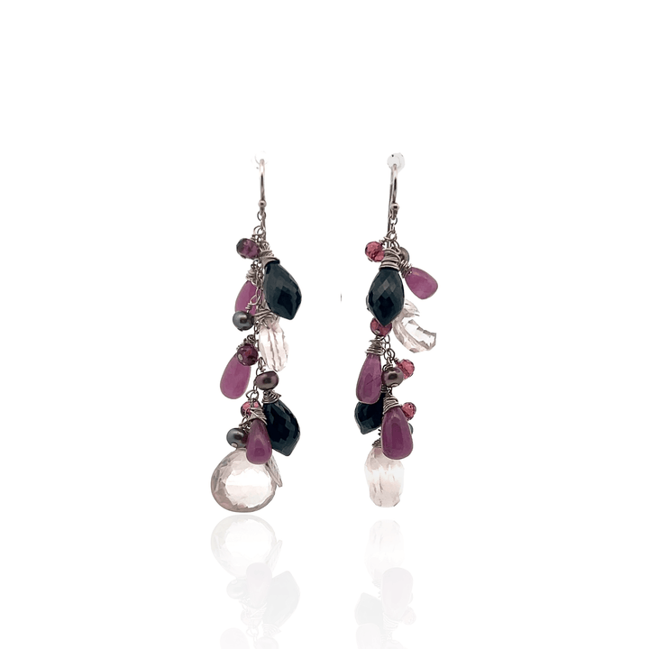 Estate Sterling Silver Multi-Gemstone Cluster Drop Earrings