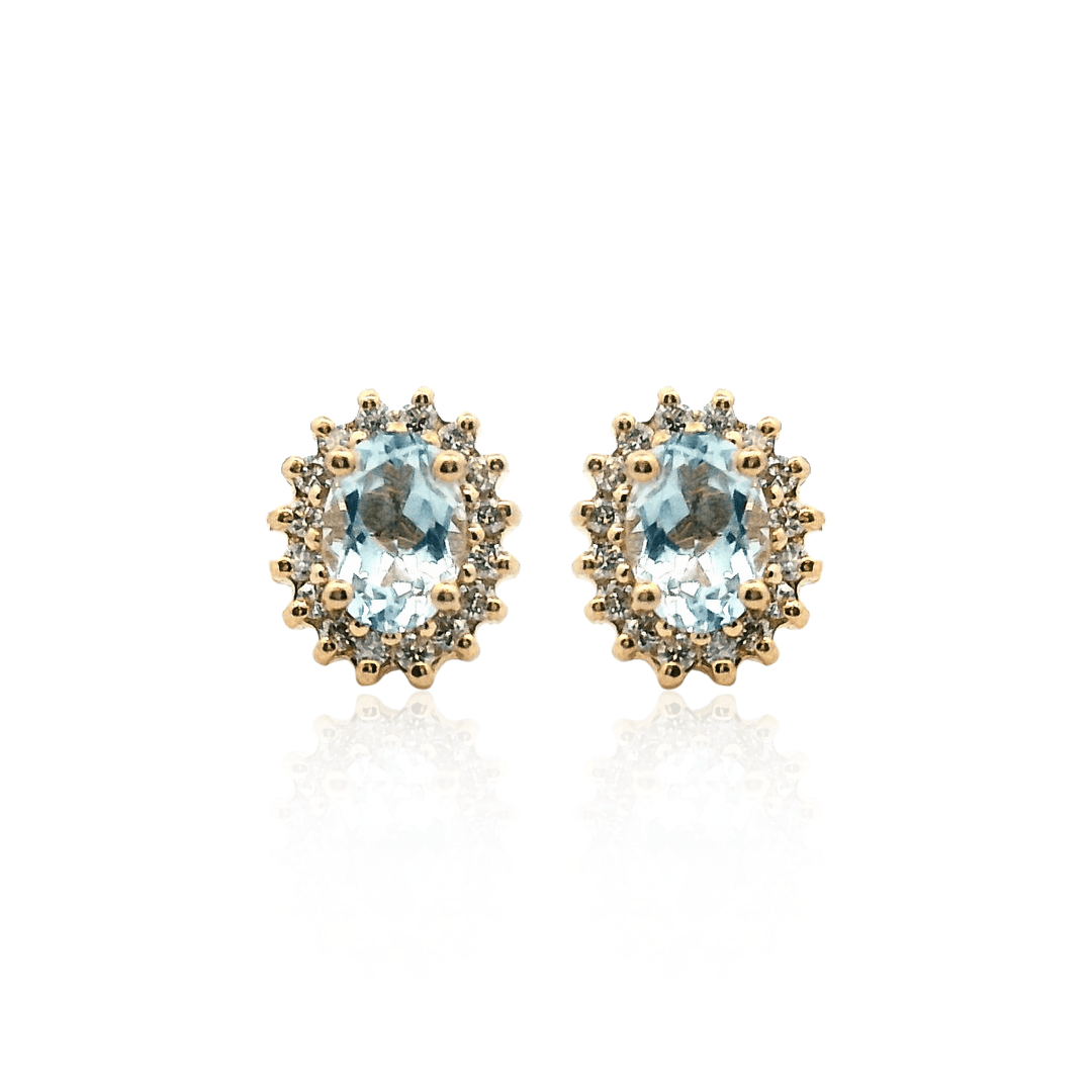 14K Yellow Gold 1.60CTW Oval Aquamarine & Diamond Halo Stud Earrings
