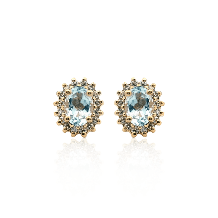 14K Yellow Gold 1.60CTW Oval Aquamarine & Diamond Halo Stud Earrings