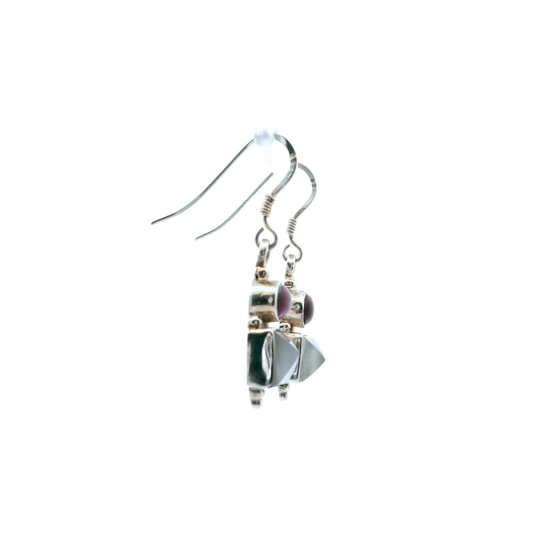 Estate Sterling Silver 2.60CTW Oval Cabochon Garnet & Square Sugarloaf Quartz Drop Earrings