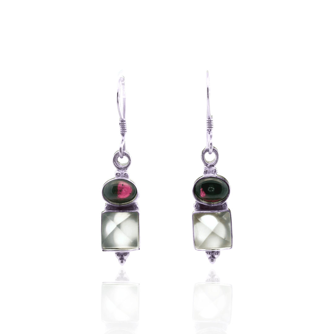 Estate Sterling Silver 2.60CTW Oval Cabochon Garnet & Square Sugarloaf Quartz Drop Earrings
