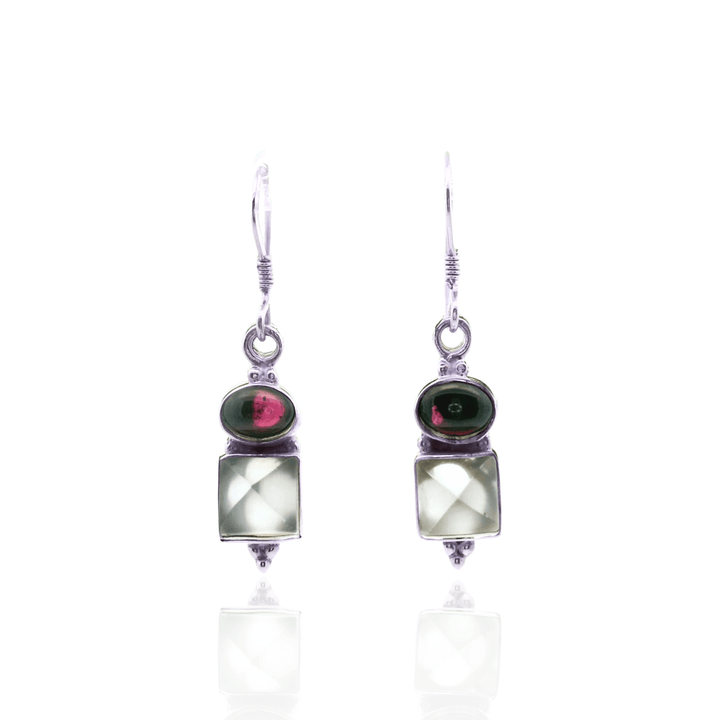 Estate Sterling Silver 2.60CTW Oval Cabochon Garnet & Square Sugarloaf Quartz Drop Earrings