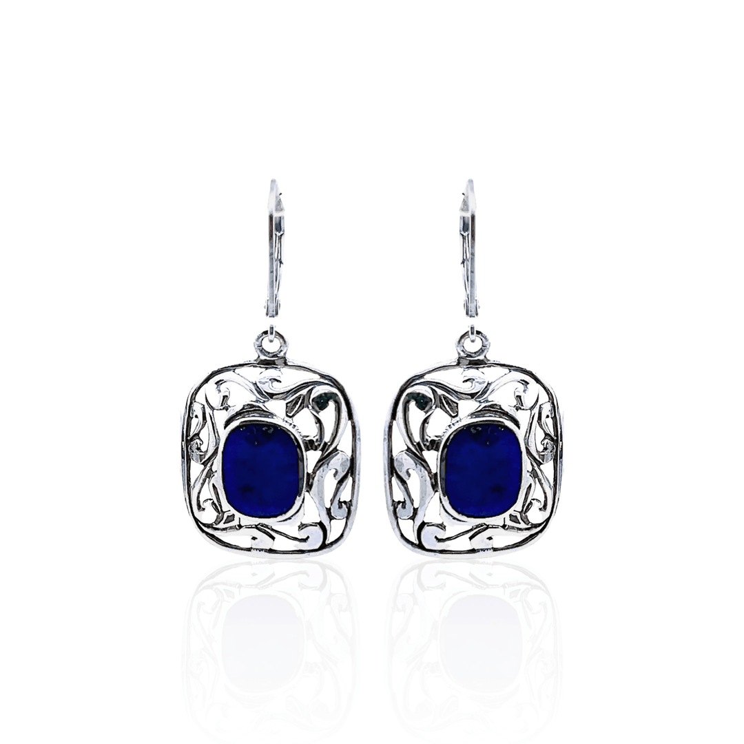Estate Sterling Silver Cushion Lapis Lazuli Openwork Drop Earrings