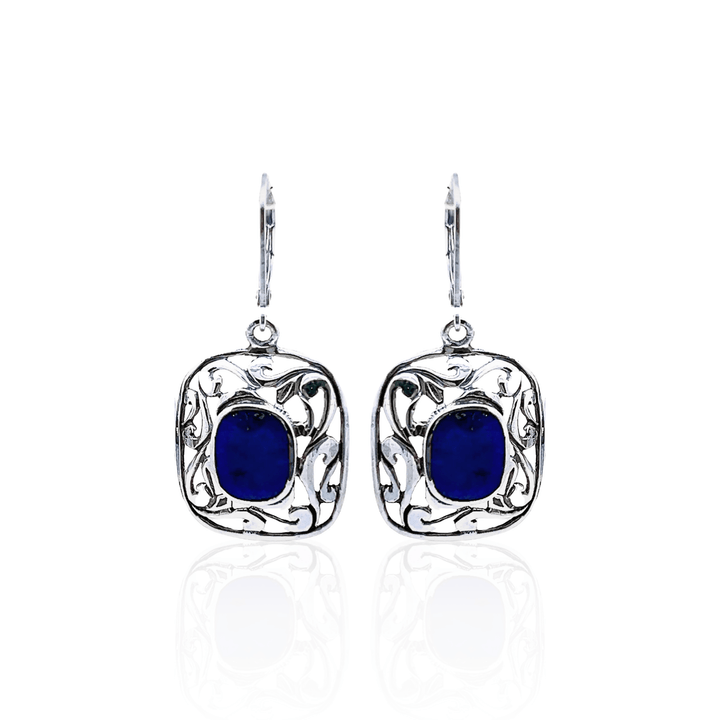 Estate Sterling Silver Cushion Lapis Lazuli Openwork Drop Earrings