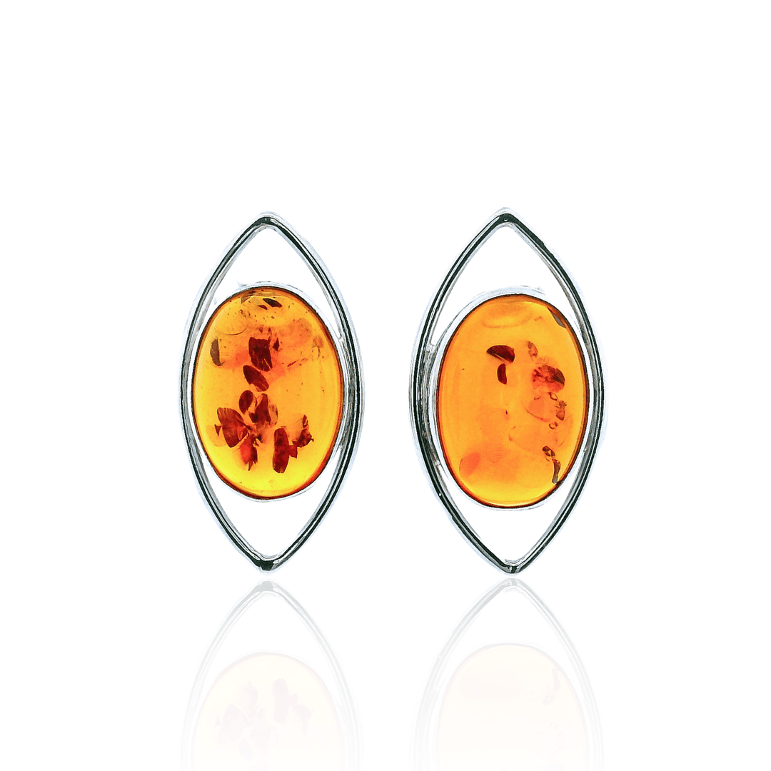 Estate Sterling Silver Oval Cabochon Amber Stud Earrings