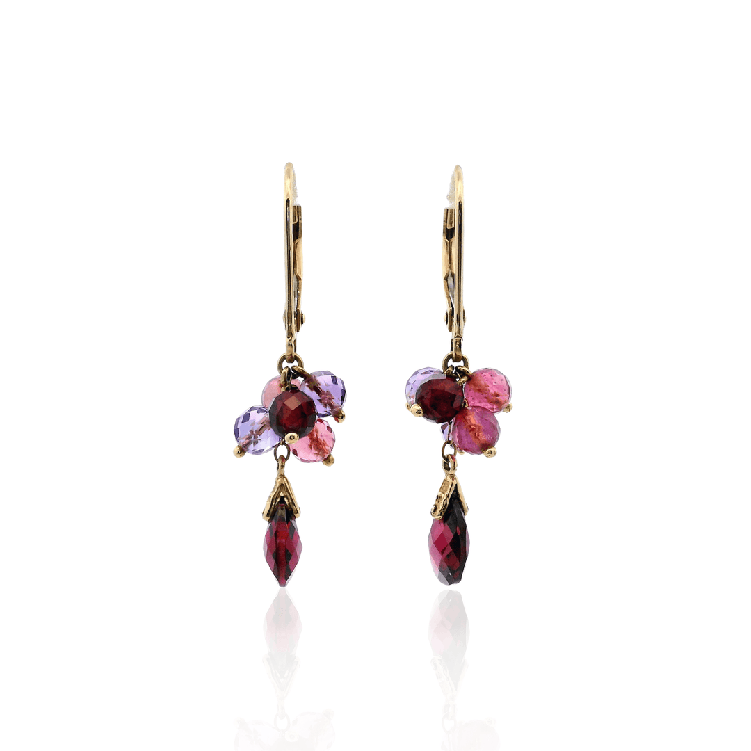 Estate 14K Yellow Gold Pink Tourmaline, Amethyst & Garnet Bead Cluster Dangle Earrings