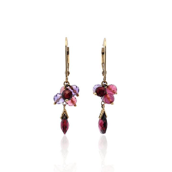 Estate 14K Yellow Gold Pink Tourmaline, Amethyst & Garnet Bead Cluster Dangle Earrings