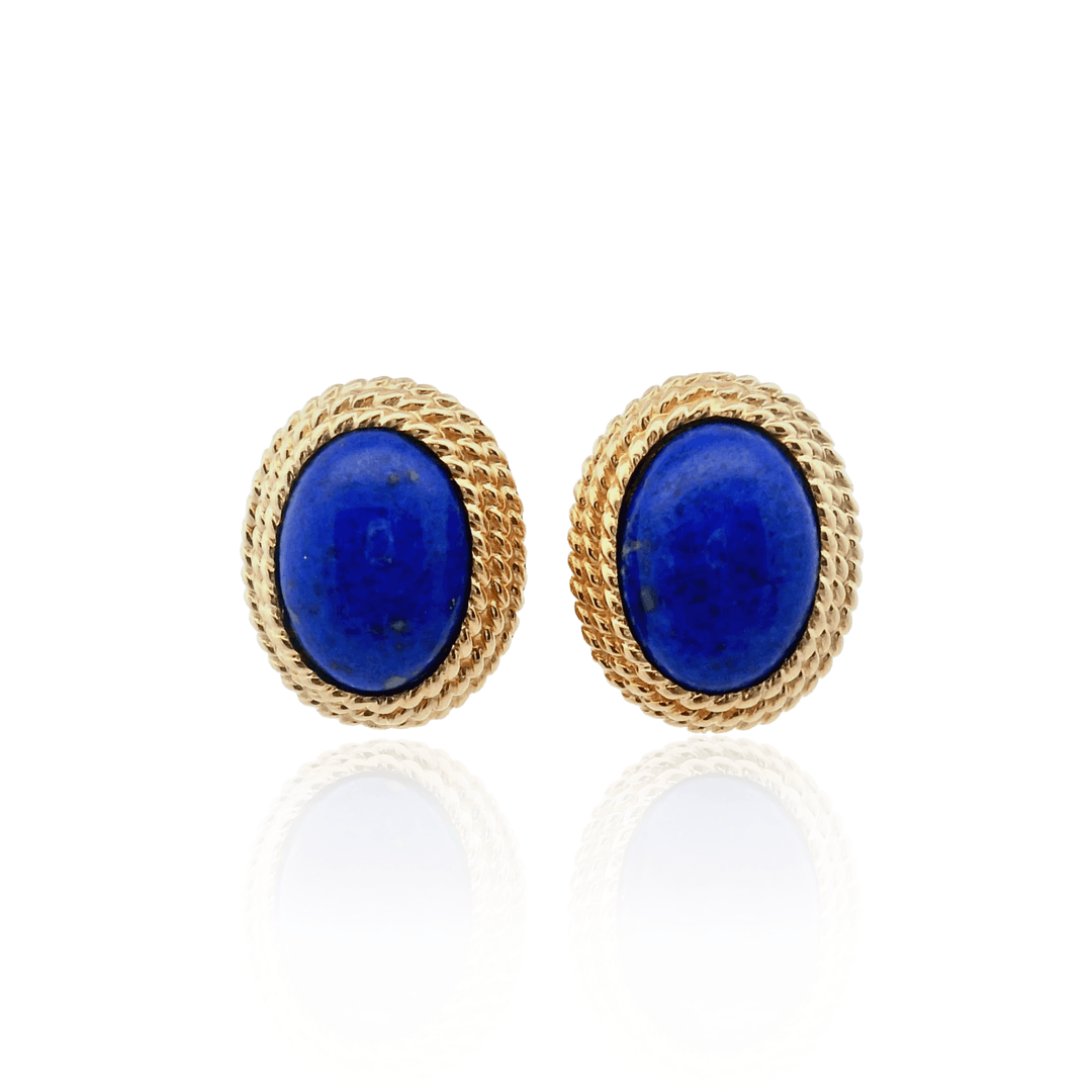 Estate 1960s 14K Yellow Gold Oval Cabochon Lapis Lazuli Stud Earrings