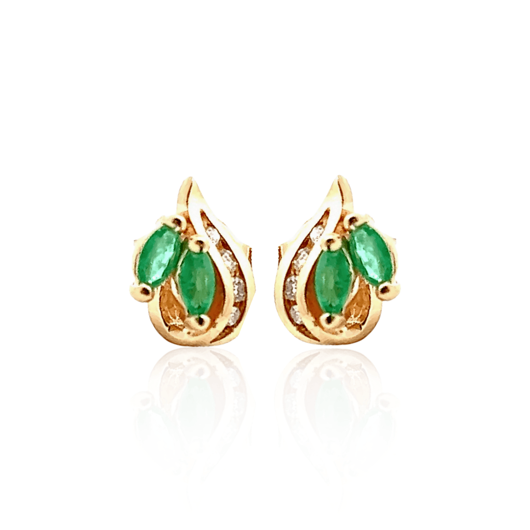Estate 14K Yellow Gold Marquise Emerald & Diamond Stud Earrings
