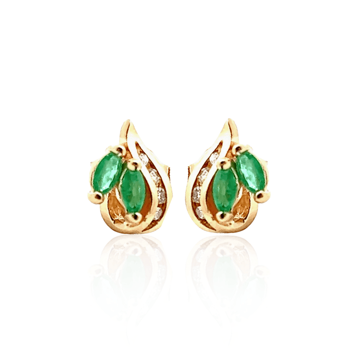 Estate 14K Yellow Gold Marquise Emerald & Diamond Stud Earrings