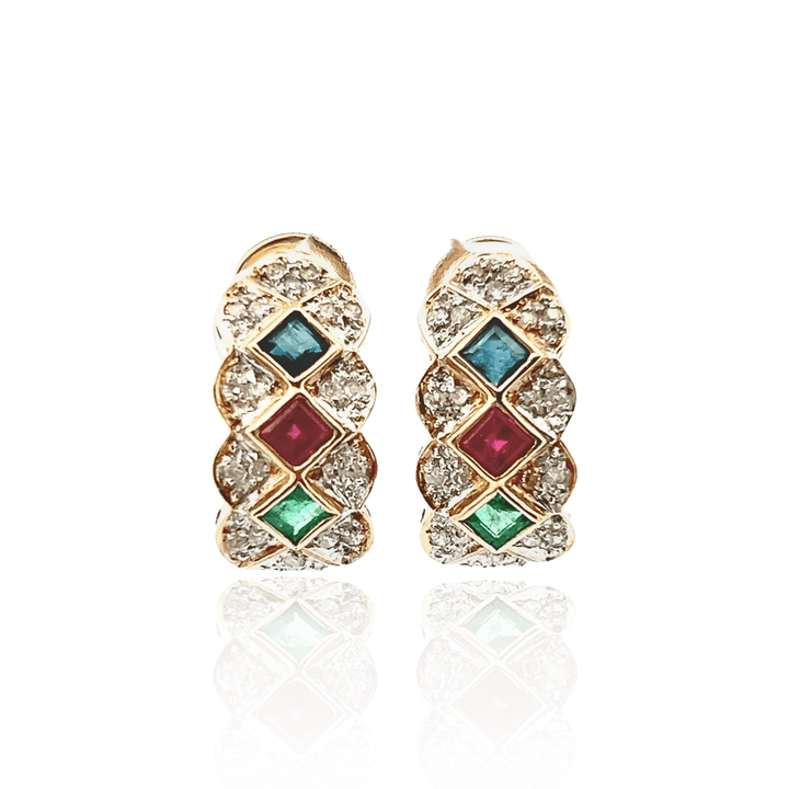 Estate 14K Yellow Gold Diamond, Emerald, Ruby & Sapphire Cluster Stud Earrings