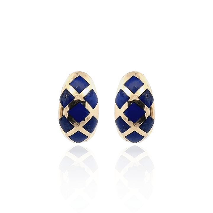 Estate 14K Yellow Gold Square Lapis Lazuli Inlay J-Hook Stud Earrings