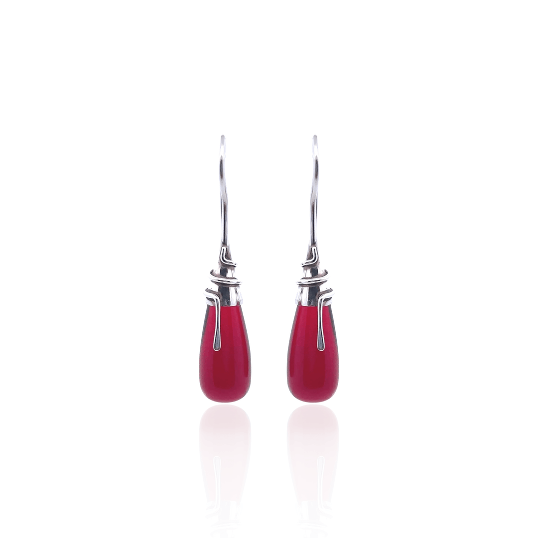 Estate Sterling Silver French Wire Wrapped Red Glass Drop Earrings