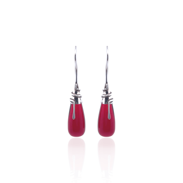 Estate Sterling Silver French Wire Wrapped Red Glass Drop Earrings
