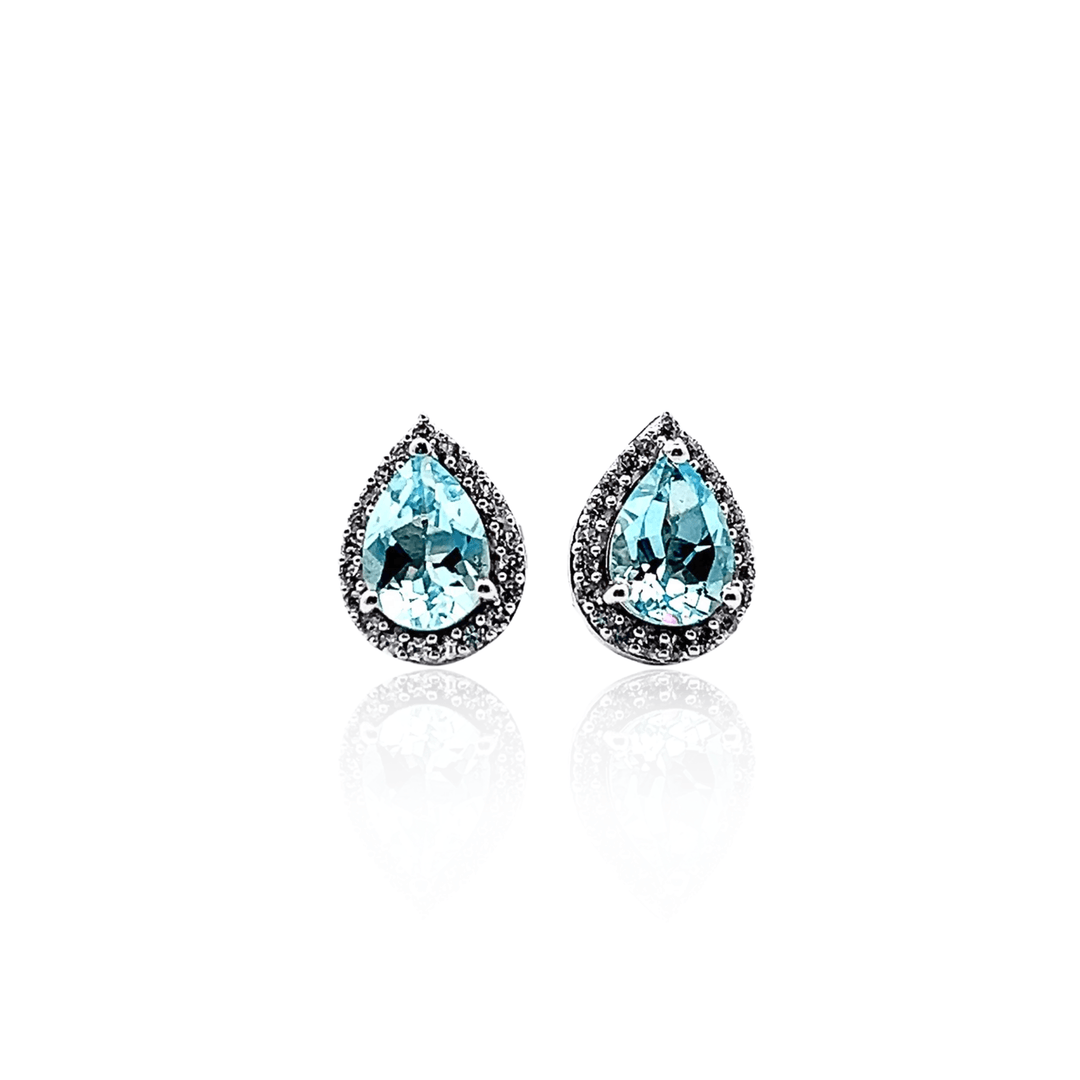 Estate Sterling Silver Pear Cut Blue Topaz & Cubic Zirconia Halo Stud Earrings